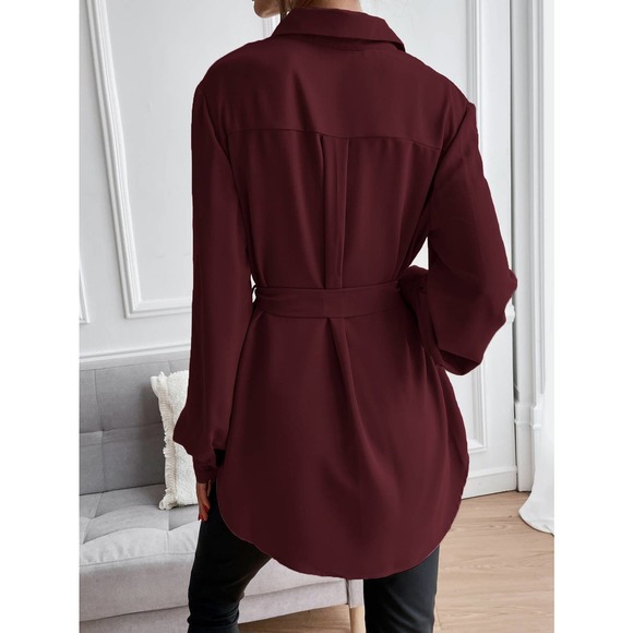 long sleeve Button down Belted tunic length Shirt black - Picture 11 of 11